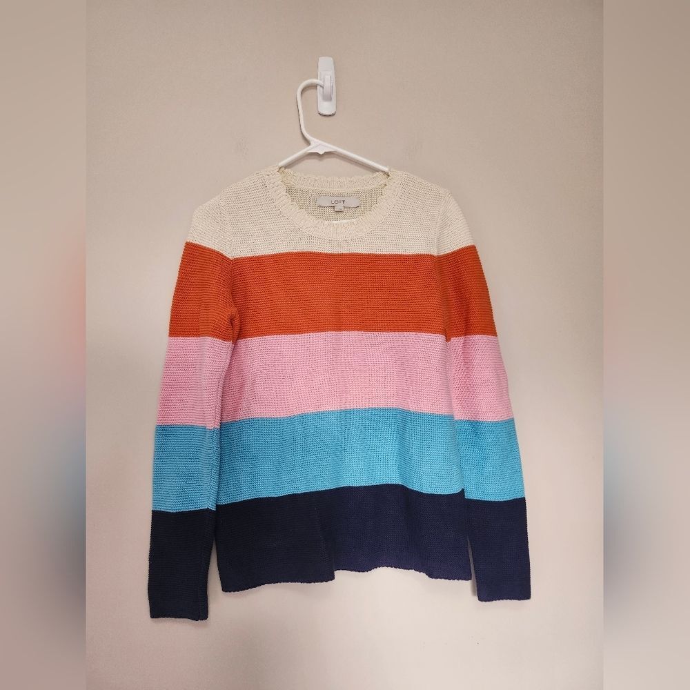 Loft Scalloped Neck Knit Rainbow Multicolor Striped Sweater Small